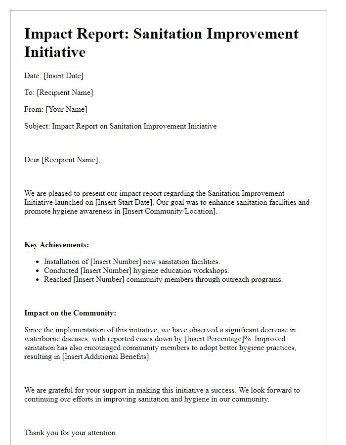 Letter template of impact report for sanitation improvement initiative.