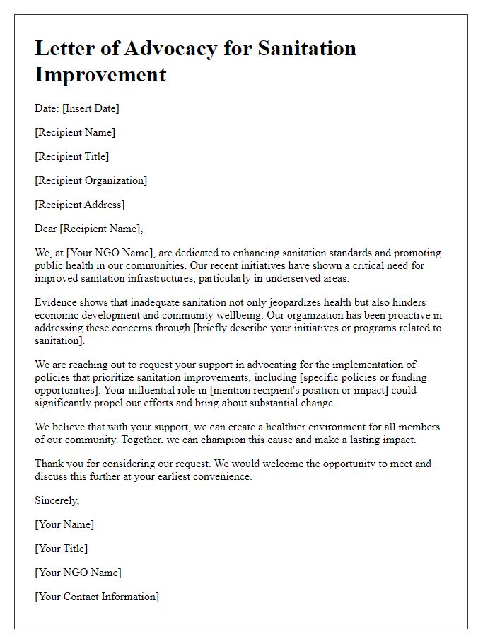 Letter template of policy advocacy for NGO sanitation improvement initiative.