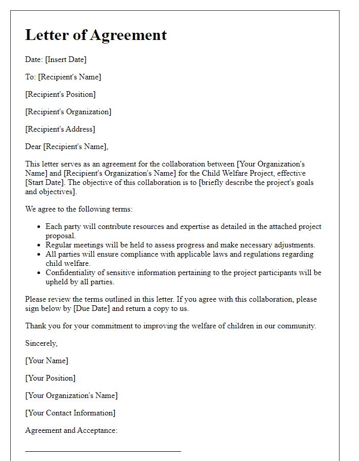 Letter template of agreement for child welfare project collaboration.