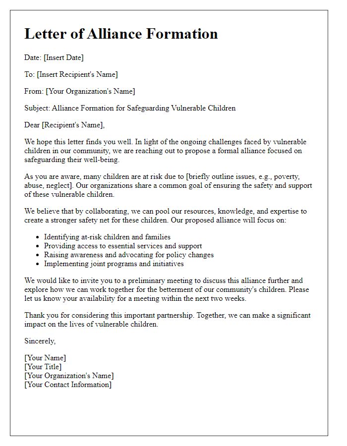 Letter template of alliance formation for safeguarding vulnerable children.