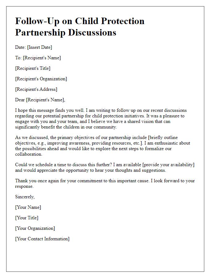 Letter template of follow-up on child protection partnership discussions.