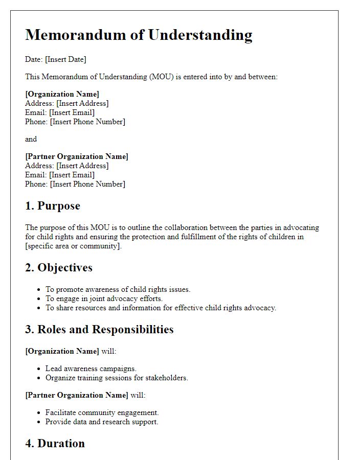 Letter template of memorandum of understanding for child rights advocacy.