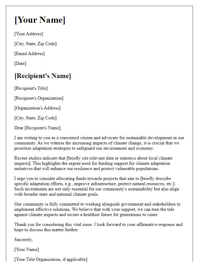 Letter template of advocacy letter for climate change adaptation funding support.