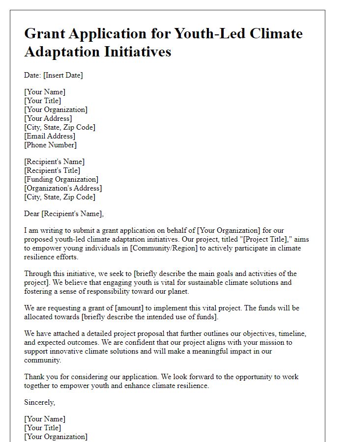 Letter template of grant application for youth-led climate adaptation initiatives.