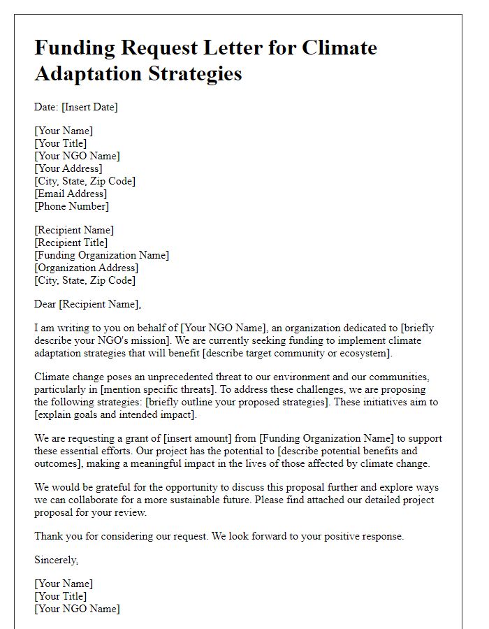 Letter template of NGO funding request for climate adaptation strategies.