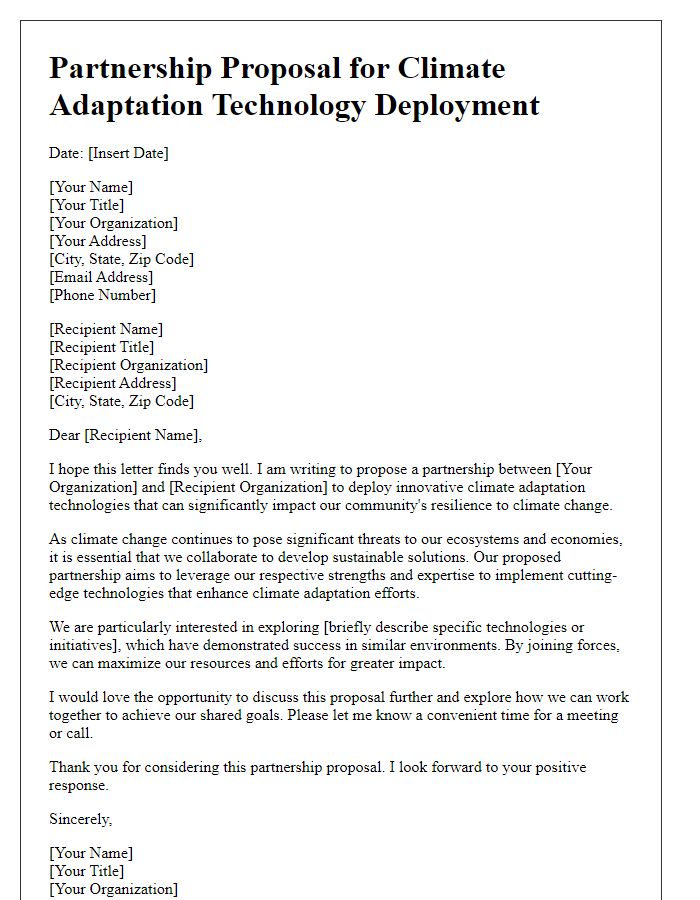 Letter template of partnership proposal for climate adaptation technology deployment.