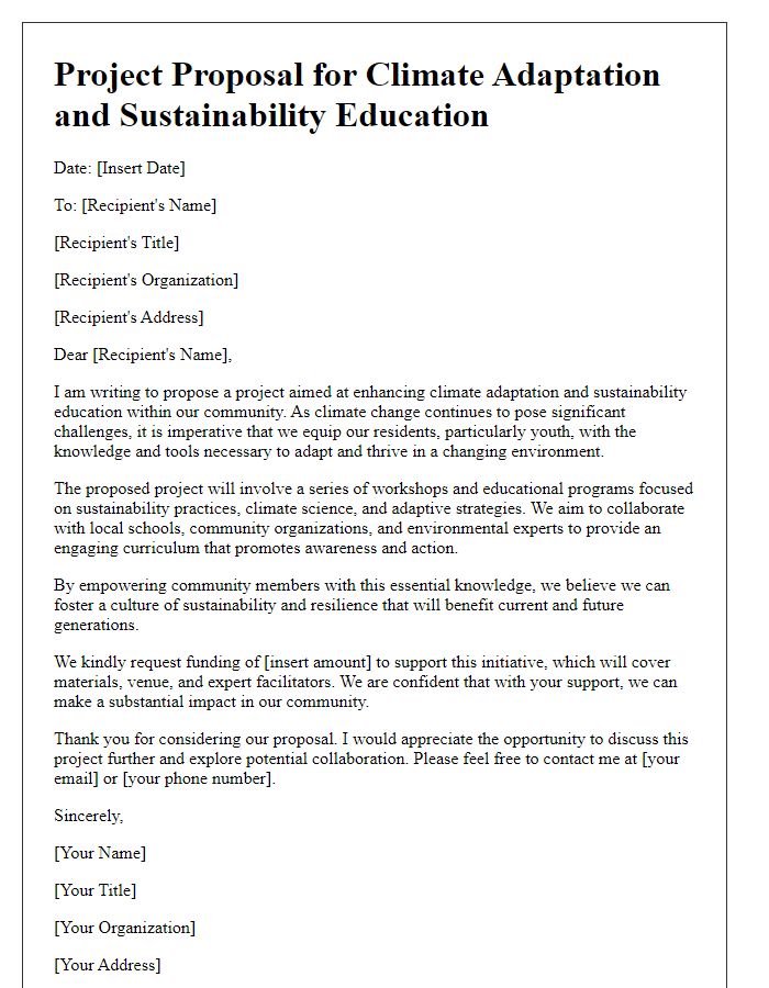 Letter template of project proposal for climate adaptation and sustainability education.