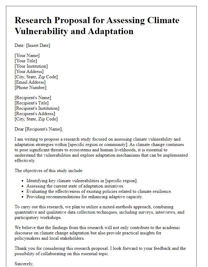 Letter template of research proposal for assessing climate vulnerability and adaptation.