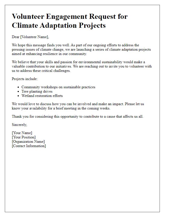 Letter template of volunteer engagement request for climate adaptation projects.