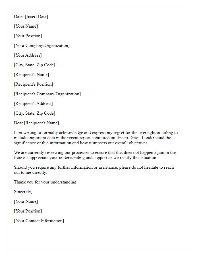 Letter template of acknowledgment for failing to include important data.