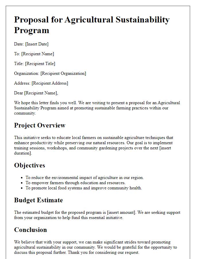 Letter template of NGO agricultural sustainability proposal