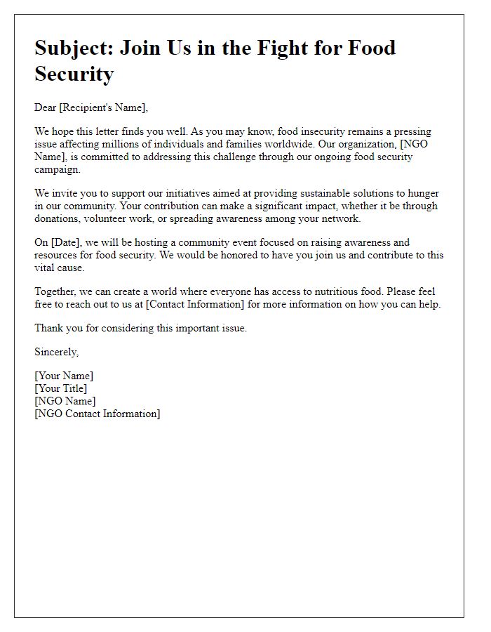 Letter template of NGO food security campaign