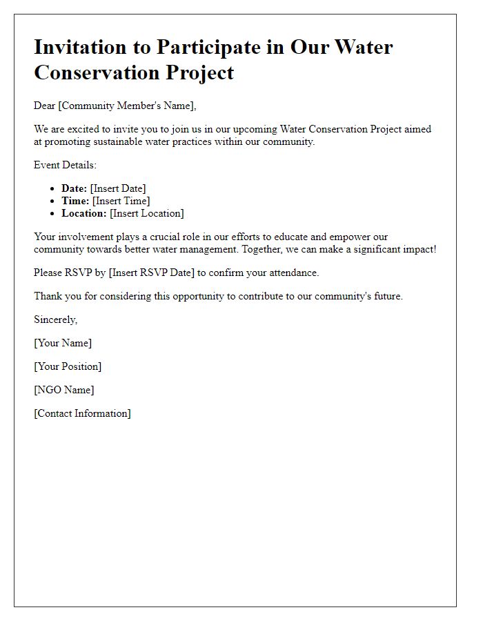 Letter template of NGO water conservation project community involvement invitation