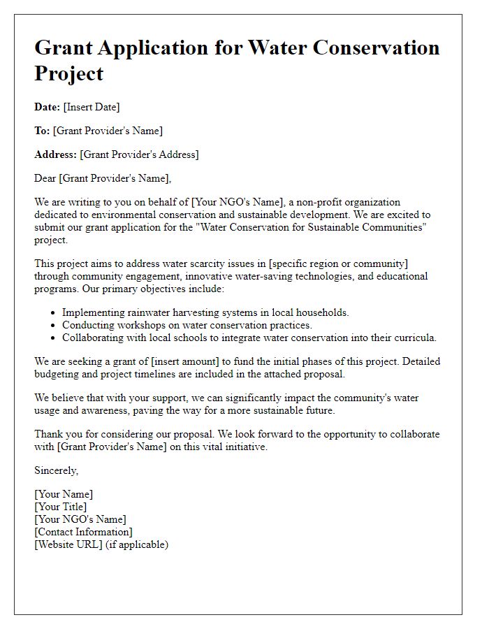 Letter template of NGO water conservation project grant application