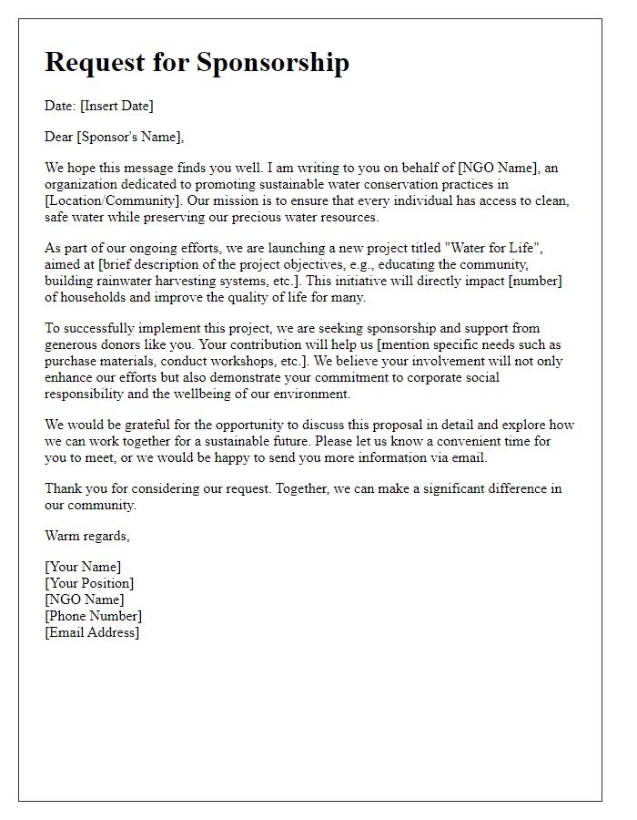 Letter template of NGO water conservation project sponsorship outreach