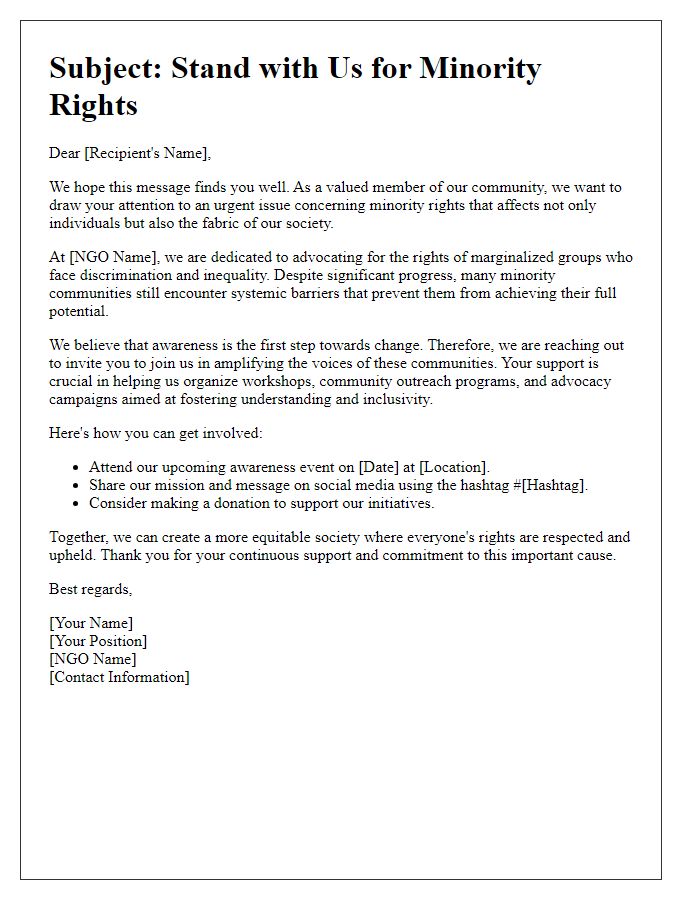 Letter template of awareness-raising for NGO minority rights issues