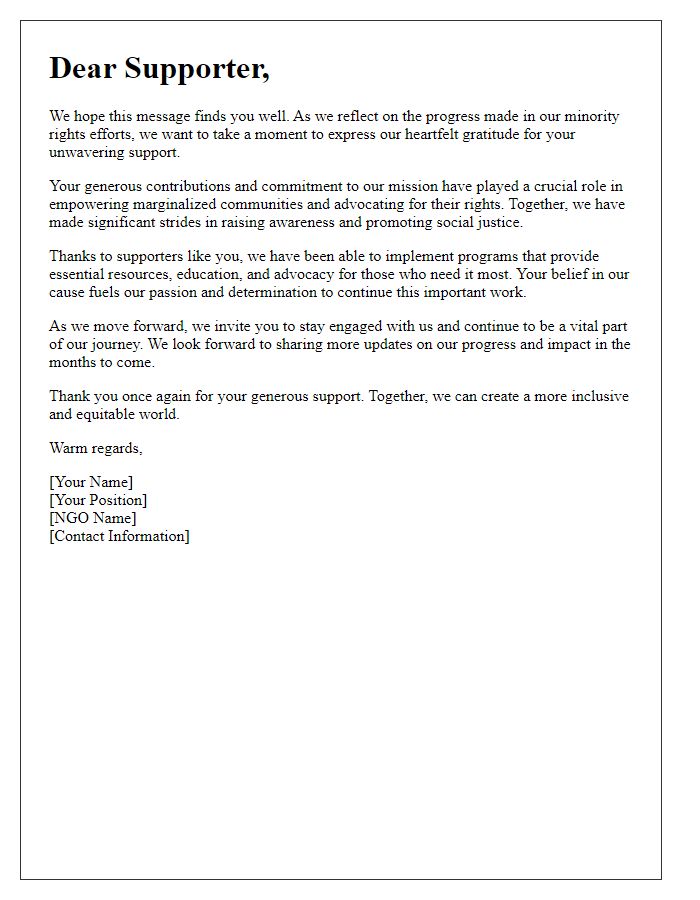 Letter template of thank you to supporters of NGO minority rights efforts