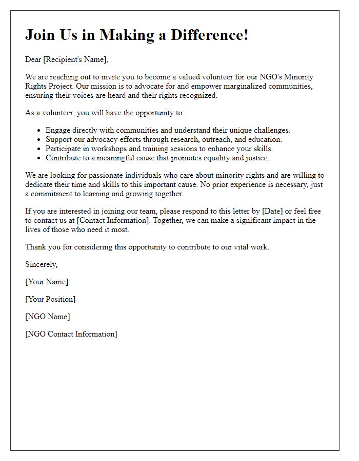 Letter template of volunteer recruitment for NGO minority rights project