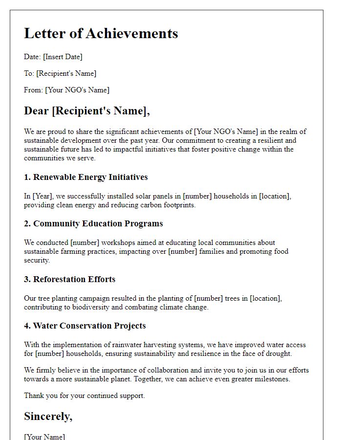 Letter template of NGO achievements in sustainable development