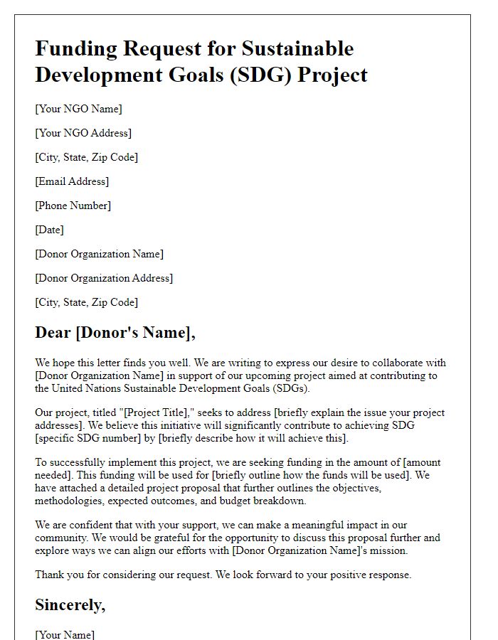 Letter template of NGO funding request for SDG projects