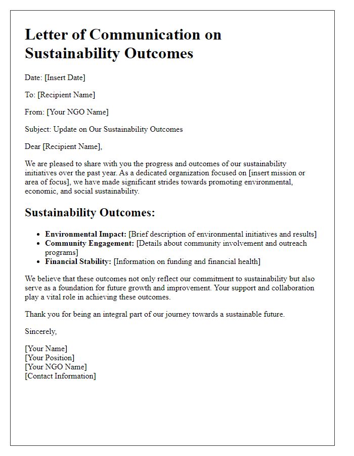 Letter template of NGO sustainability outcomes communication