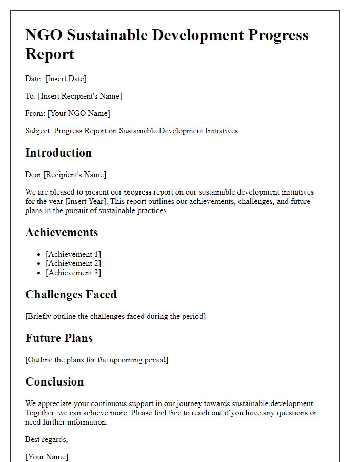 Letter template of NGO sustainable development progress report