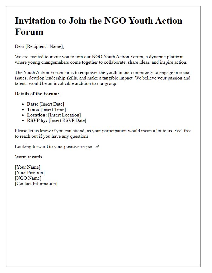 Letter template of Invitation to Join NGO Youth Action Forum