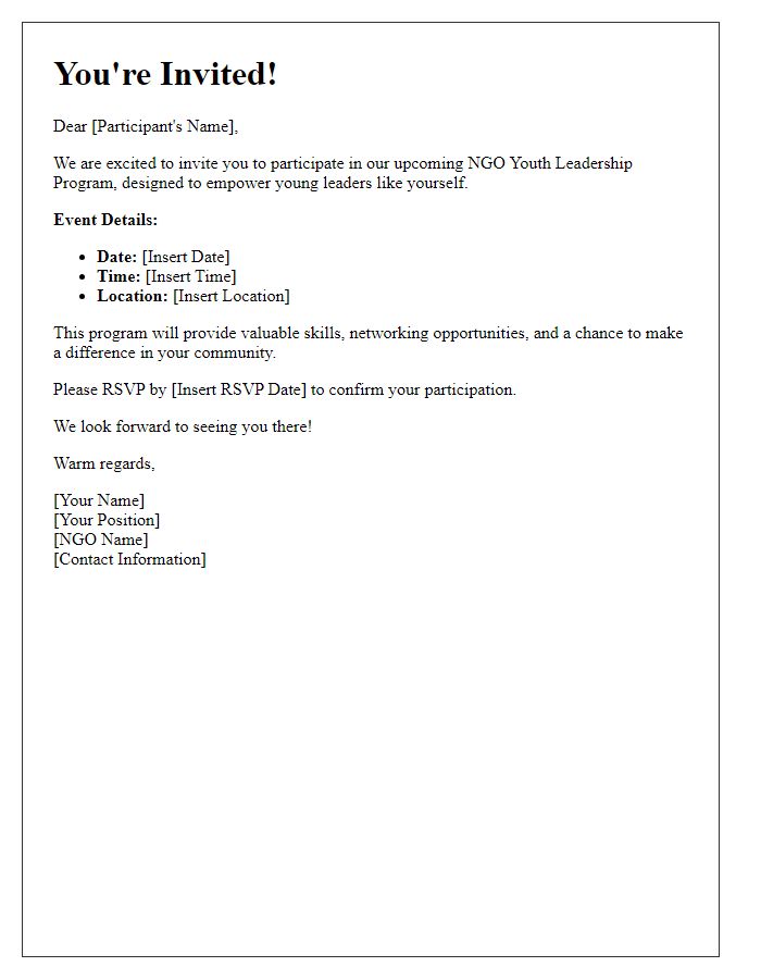 Letter template of Invitation to Participate in NGO Youth Leadership Program