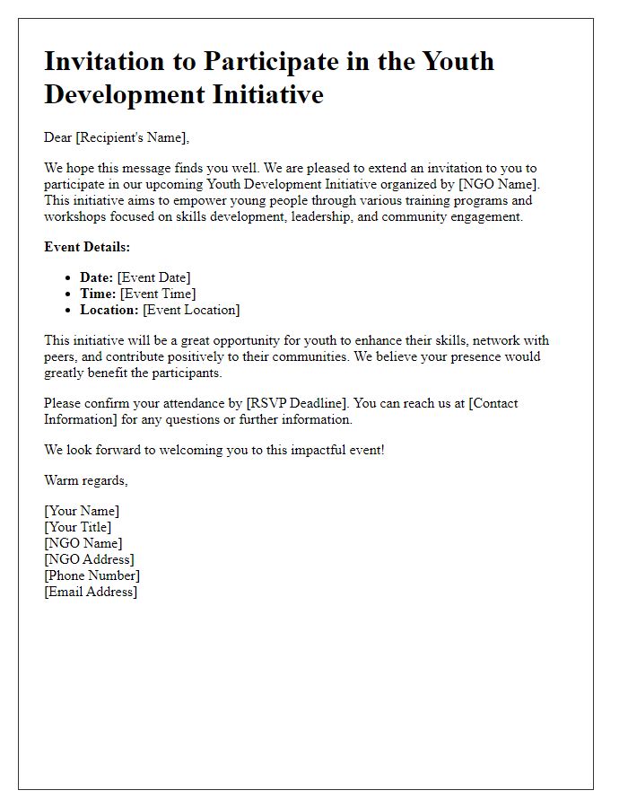 Letter template of NGO Invitation for Youth Development Initiative