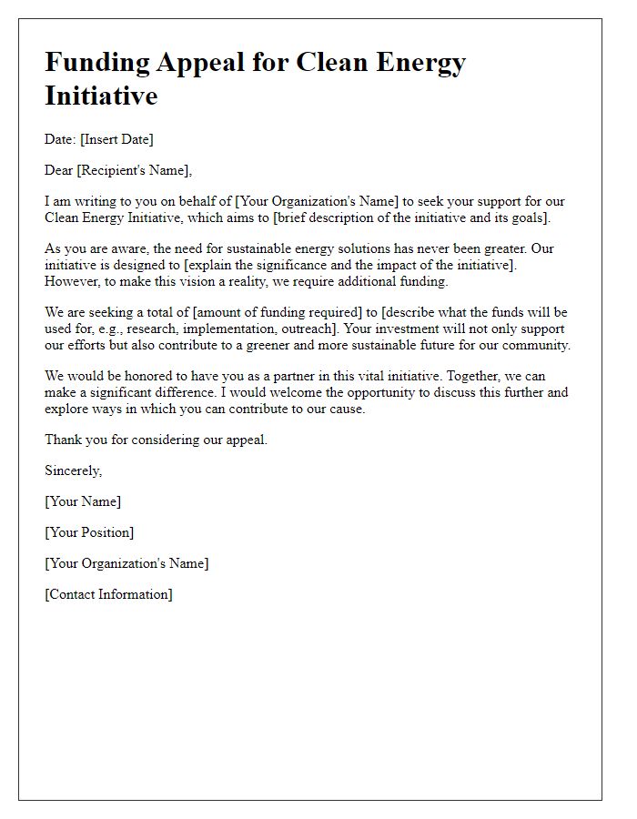 Letter template of clean energy initiative funding appeal