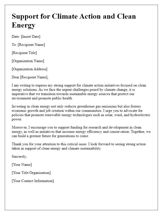 Letter template of climate action clean energy support letter