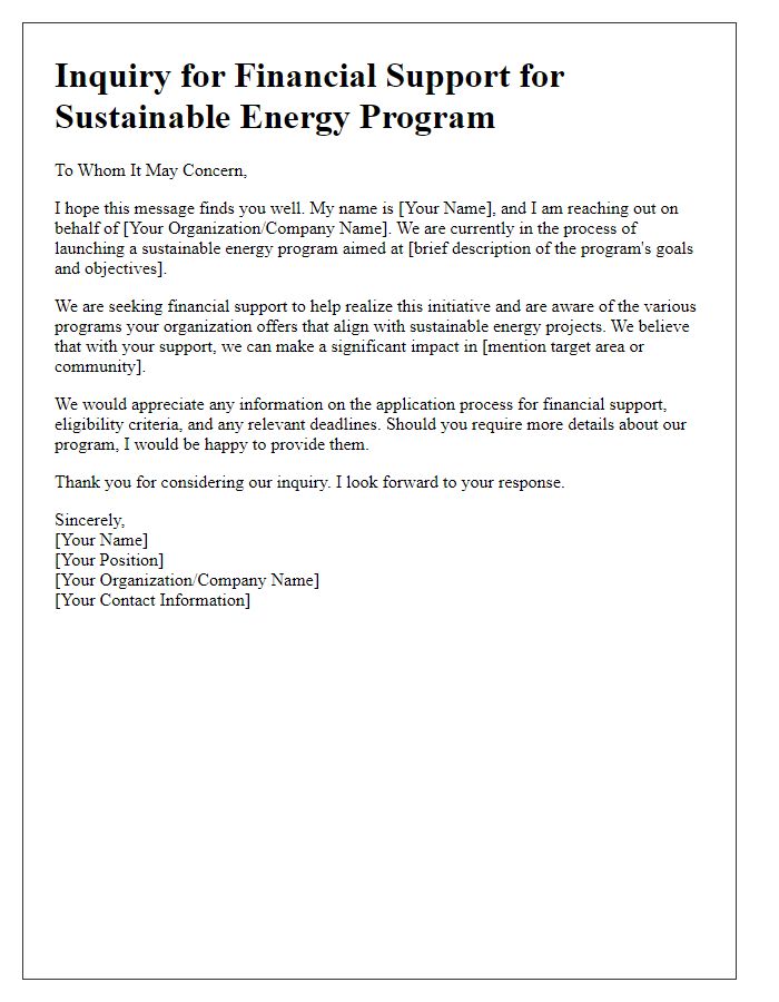 Letter template of sustainable energy program financial support inquiry