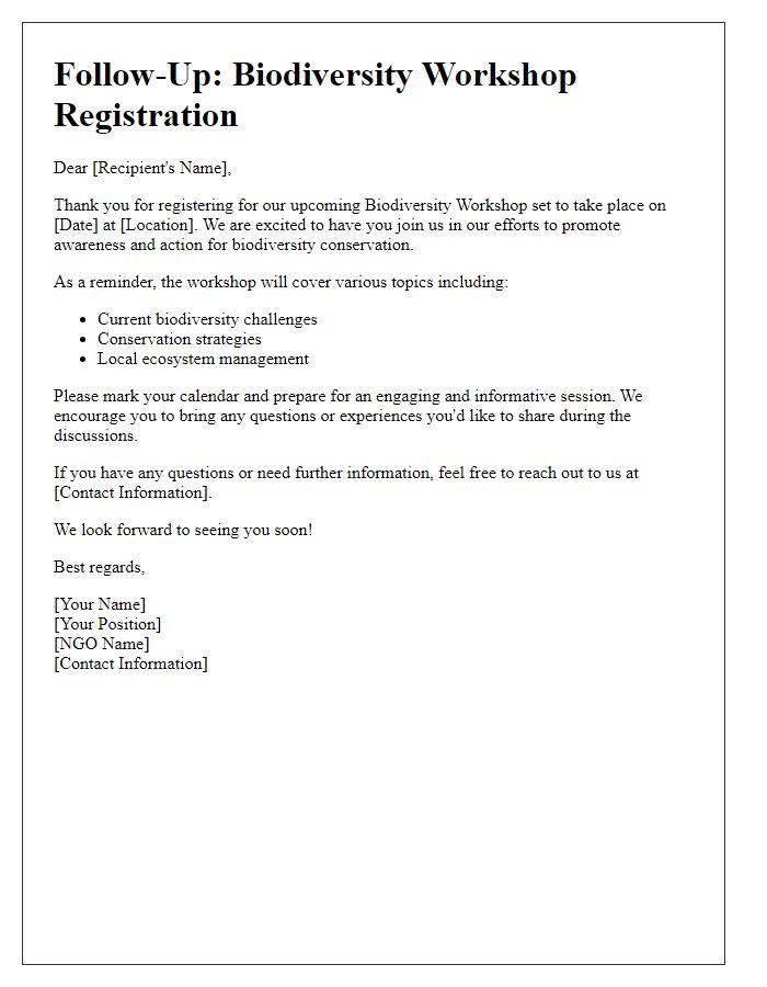 Letter template of follow-up for NGO biodiversity workshop registrants.