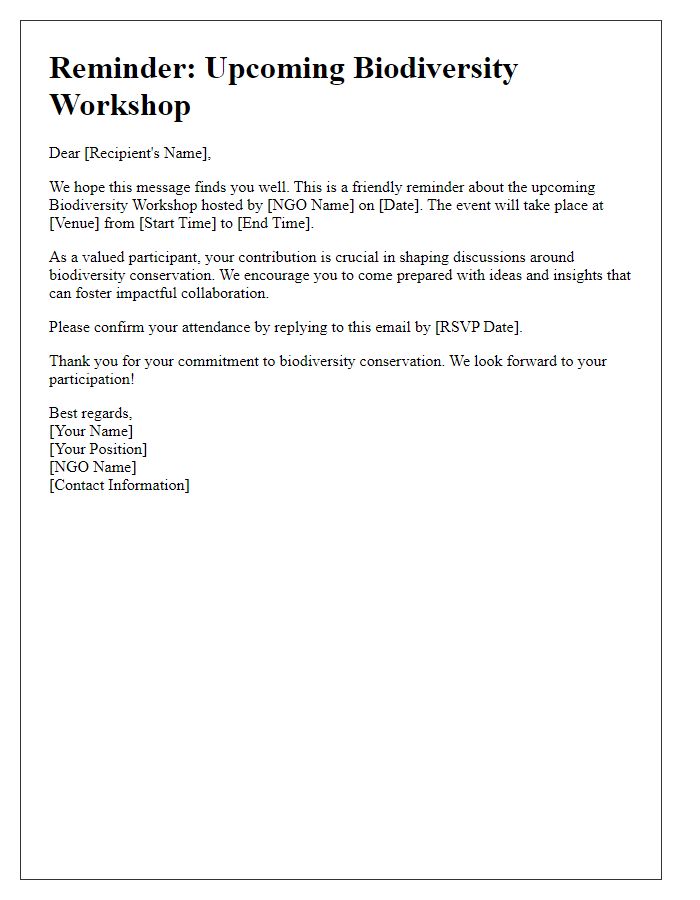 Letter template of reminder for the upcoming NGO biodiversity workshop.