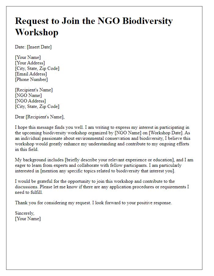 Letter template of request to join the NGO biodiversity workshop.