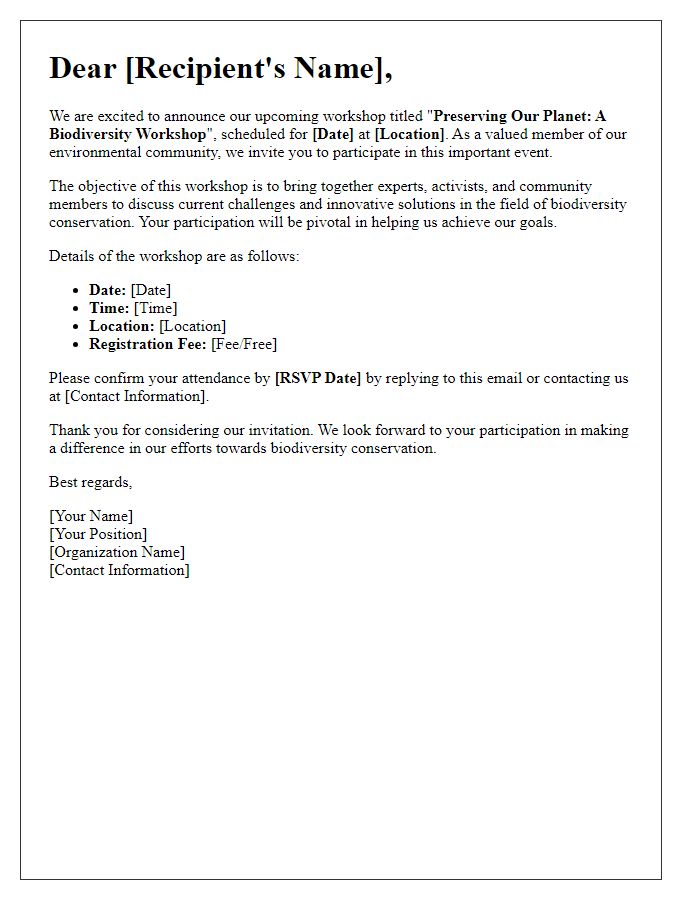 Letter template of solicitation for NGO biodiversity workshop attendees.