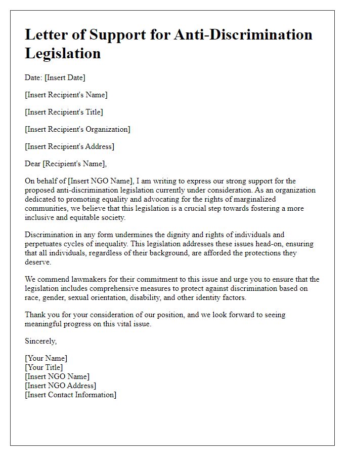 Letter template of NGO backing for anti-discrimination legislation