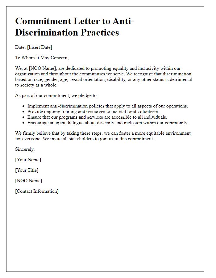 Letter template of NGO commitment to anti-discrimination practices