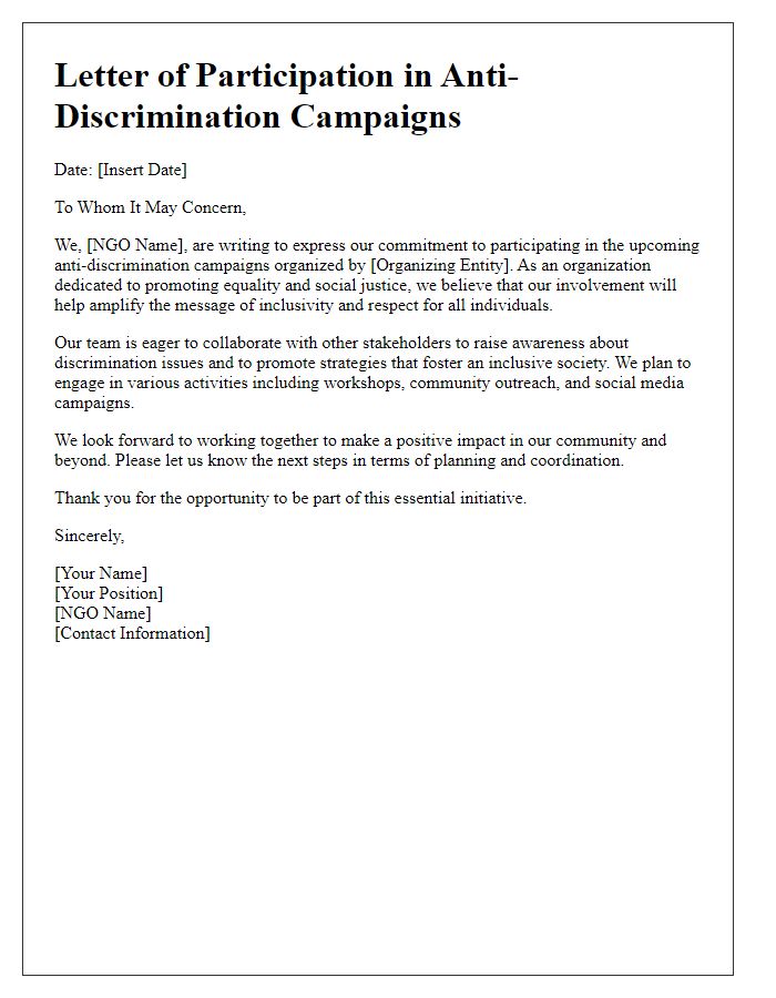 Letter template of NGO participation in anti-discrimination campaigns