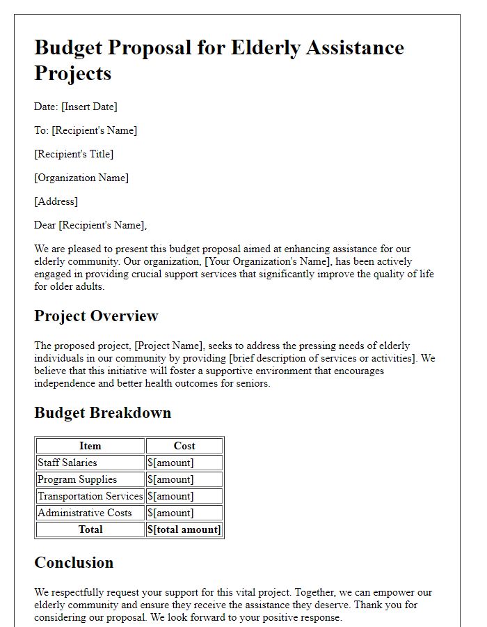 Letter template of a budget proposal for elderly assistance projects