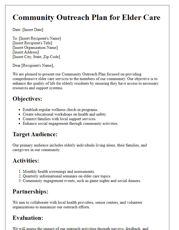 Letter template of a community outreach plan for elder care