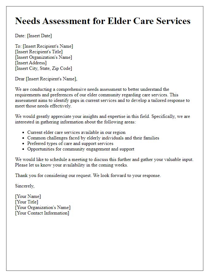 Letter template of a needs assessment for elder care services