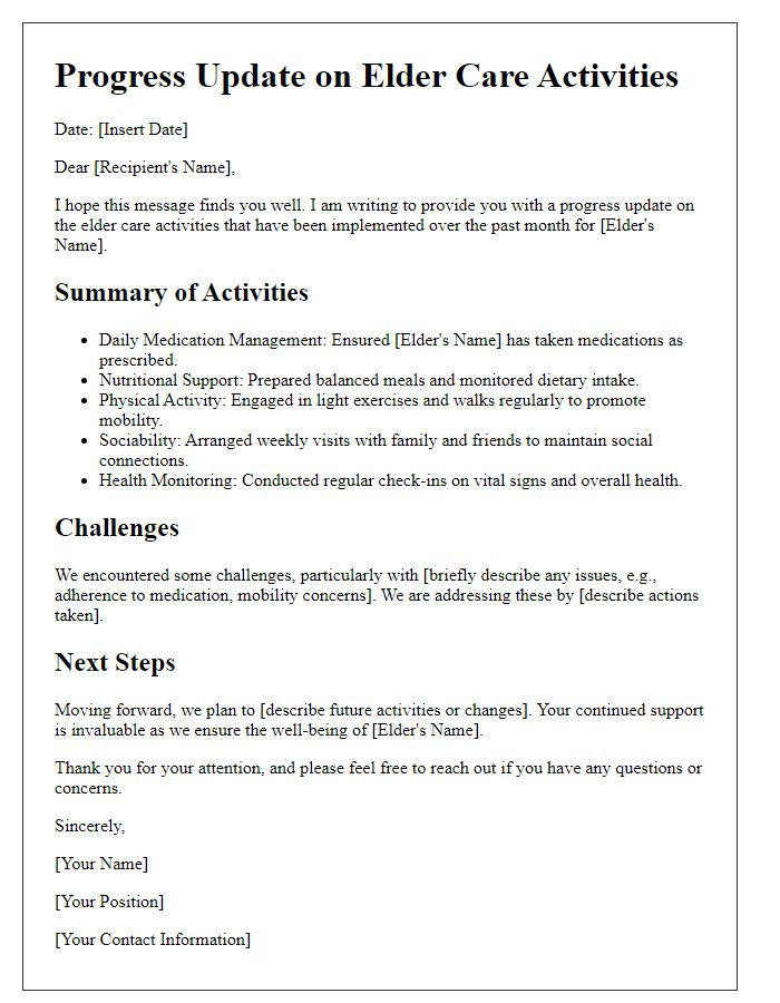 Letter template of a progress update on elder care activities