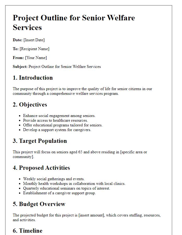 Letter template of a project outline for senior welfare services