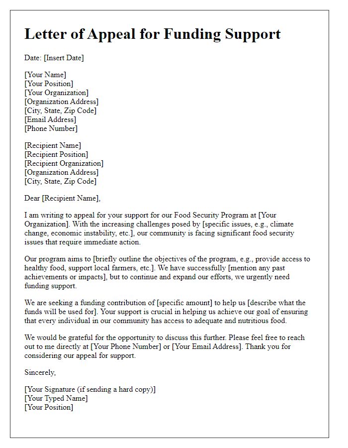 Letter template of an appeal for funding support for food security program