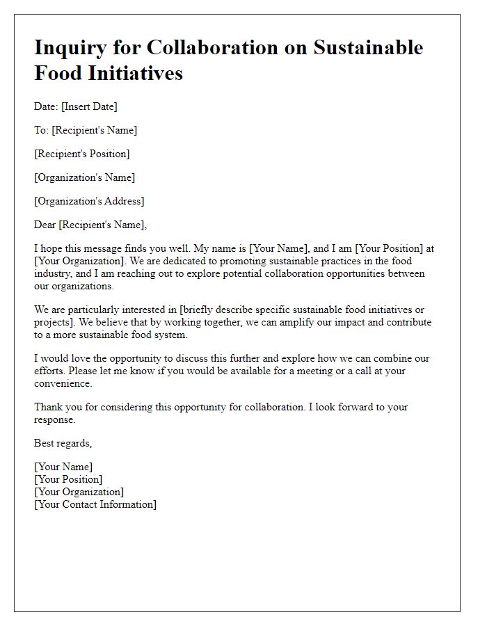 Letter template of inquiry for collaboration on sustainable food initiatives