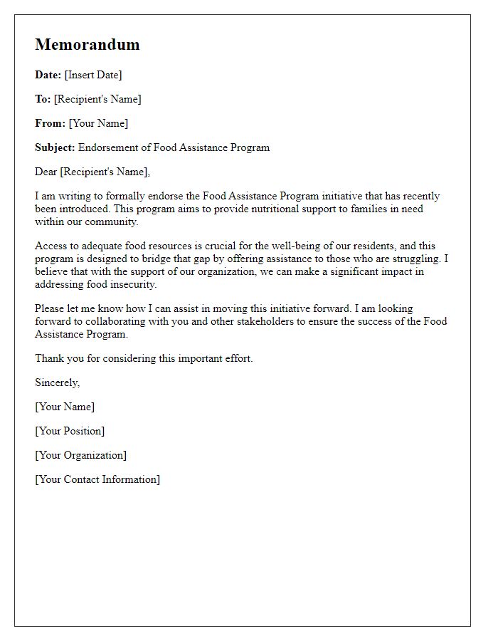 Letter template of a memorandum for food assistance program endorsement