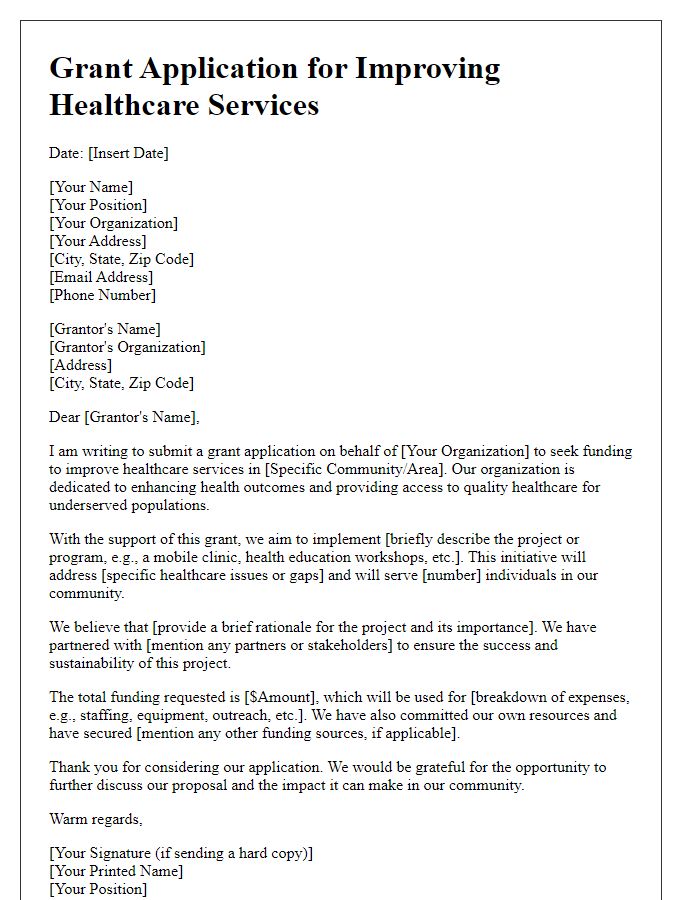 Letter template of grant application for improving healthcare services.