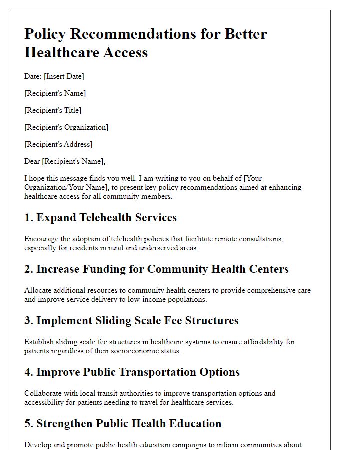 Letter template of policy recommendations for better healthcare access.