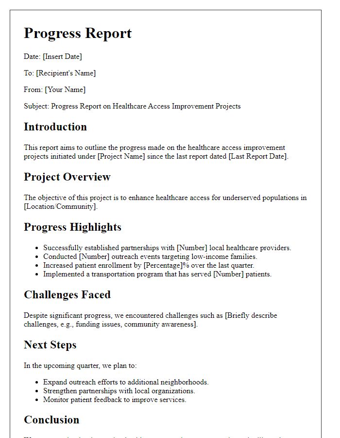 Letter template of progress report on healthcare access improvement projects.